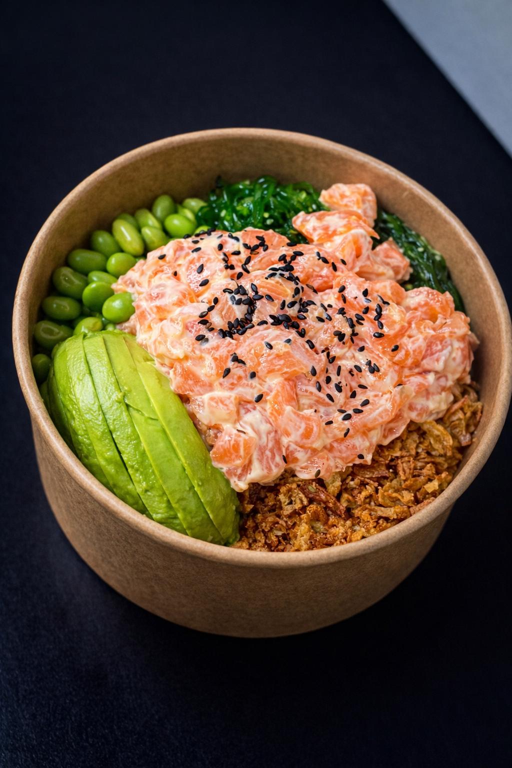 Poke bowl au saumon, avocat, edamame et oignons frits